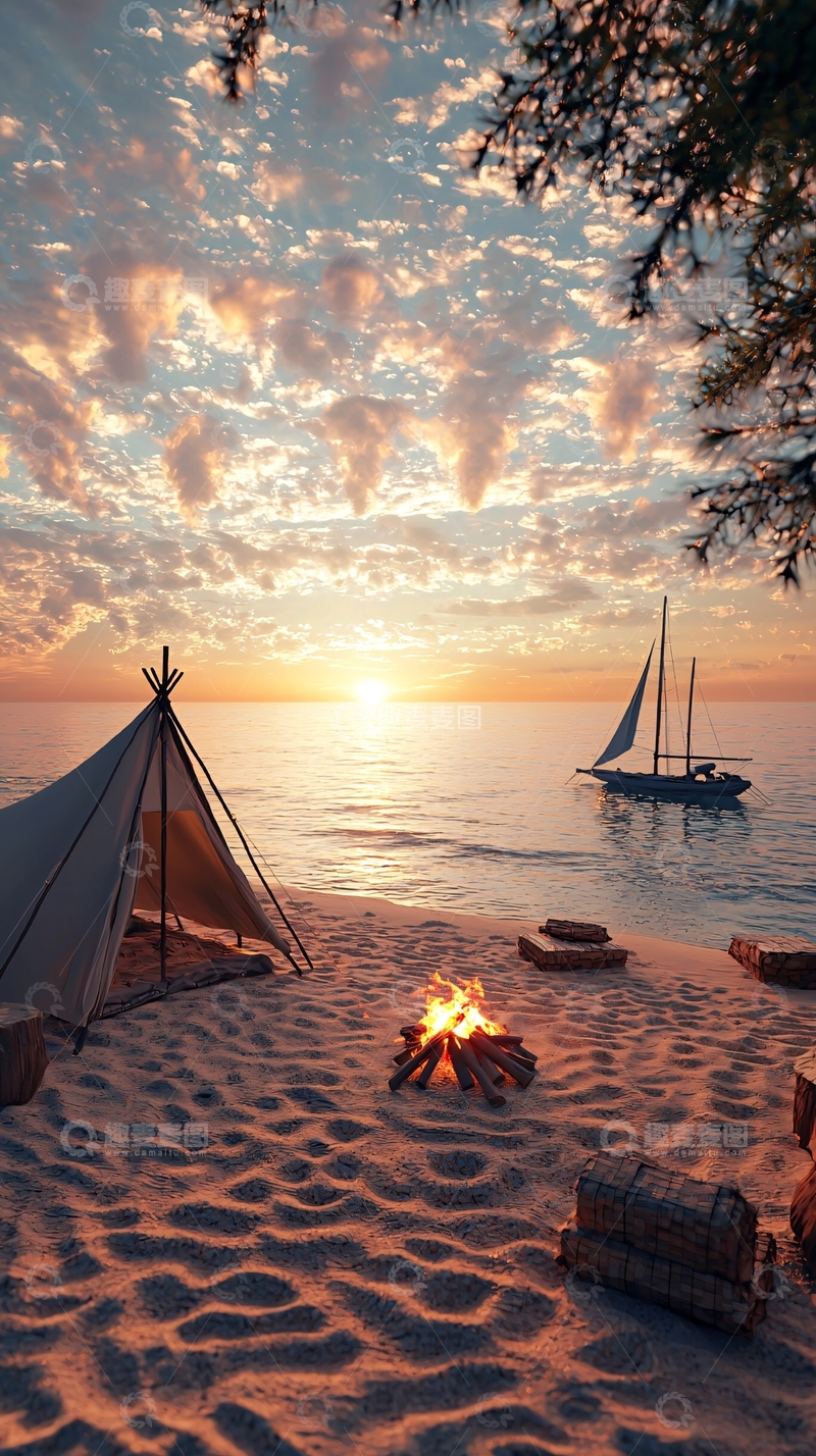 高清大图下载【趣麦麦图】海滩篝火日落帆船帐篷