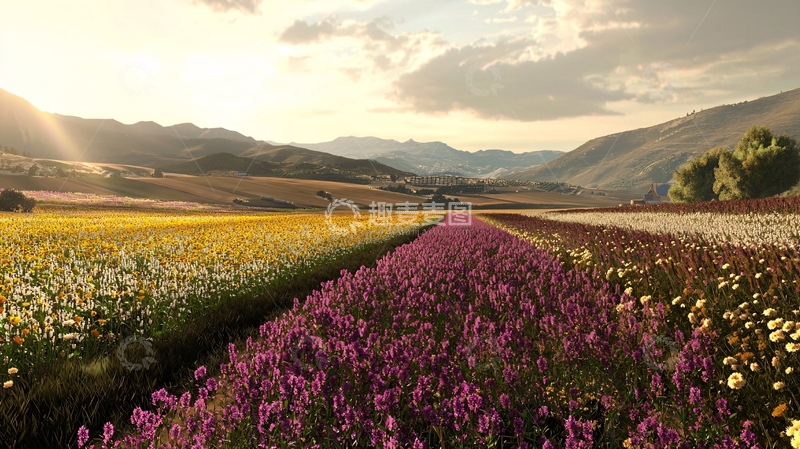 高清大图下载【趣麦麦图】夕阳下的彩色花田