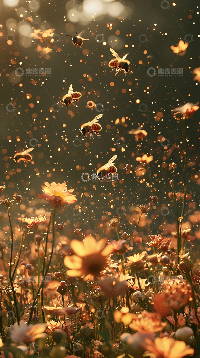高清大图下载【趣麦麦图】阳光下飞舞的蜜蜂和野花