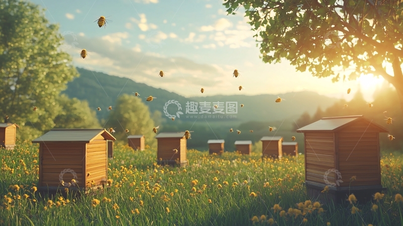 高清大图下载【趣麦麦图】傍晚阳光下的蜂巢田园