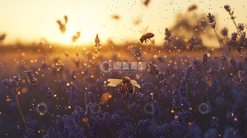高清大图下载【趣麦麦图】日落薰衣草田蜜蜂飞舞