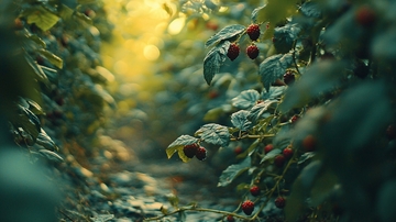 阳光透过绿叶照射小浆果