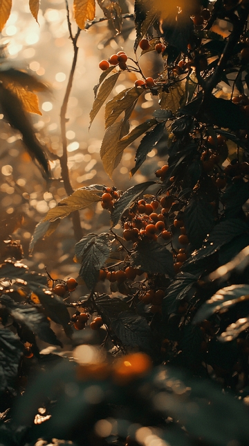 阳光透过树叶的红色浆果