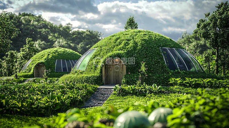 高清大图下载【趣麦麦图】绿植覆盖的生态圆顶小屋