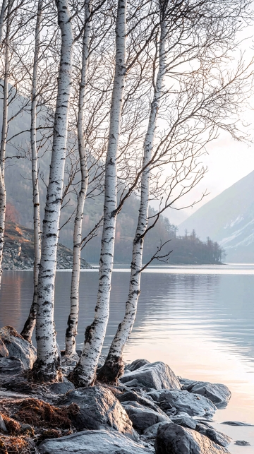 冬日湖边白桦树