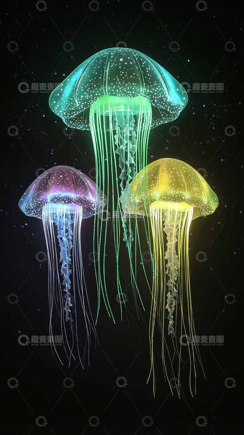 高清大图下载【趣麦麦图】黑夜里发光的彩色水母