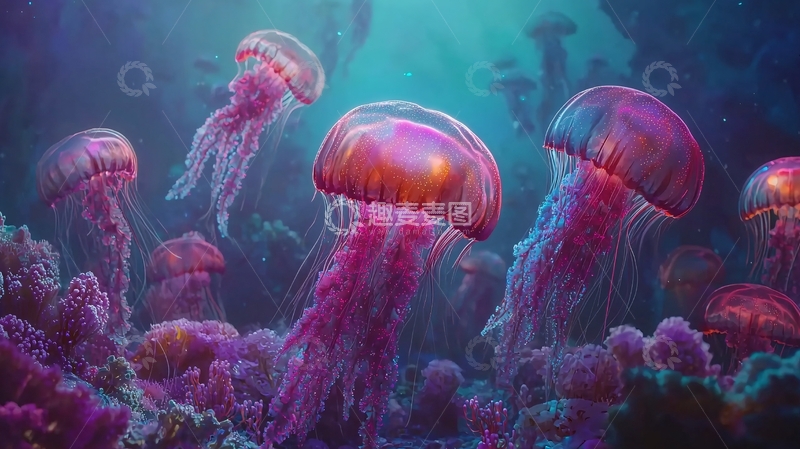 高清大图下载【趣麦麦图】深海梦幻水母群