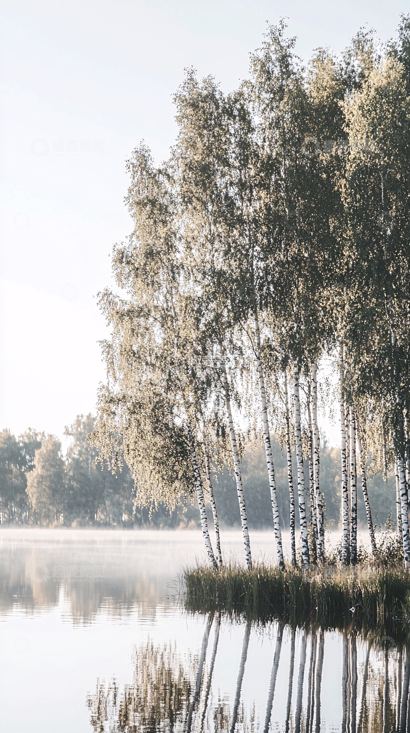 高清大图下载【趣麦麦图】清晨薄雾湖边白桦林