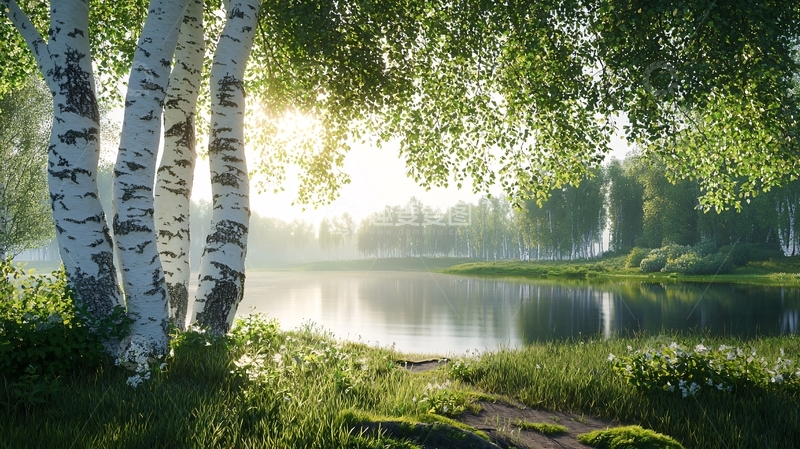 高清大图下载【趣麦麦图】清晨桦树林湖边风景