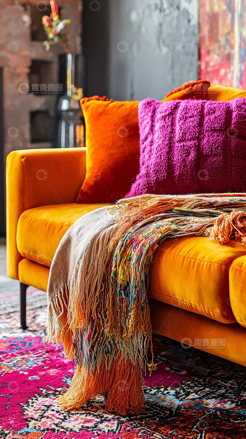 高清大图下载【趣麦麦图】橙色丝绒沙发
