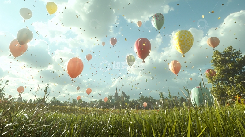高清大图下载【趣麦麦图】彩色热气球飞跃稻田