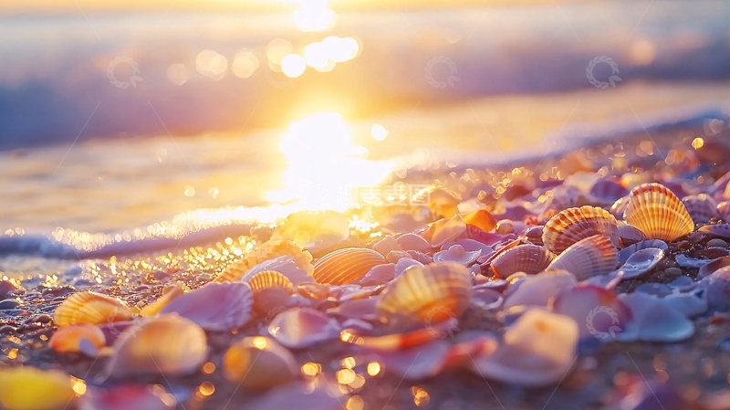 高清大图下载【趣麦麦图】海滩日出贝壳