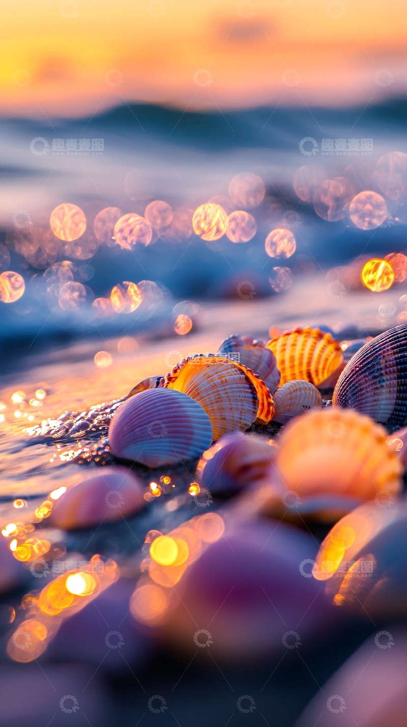 高清大图下载【趣麦麦图】夕阳余晖下的贝壳海滩