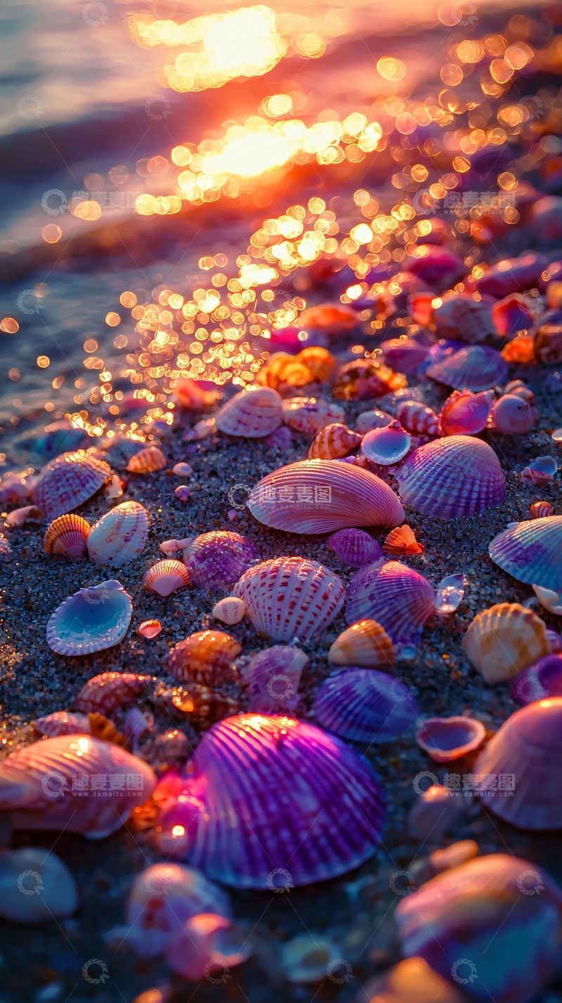 高清大图下载【趣麦麦图】日落海滩贝壳