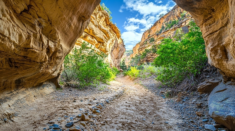 高清大图下载【趣麦麦图】峡谷石壁间阳光洒落的道路