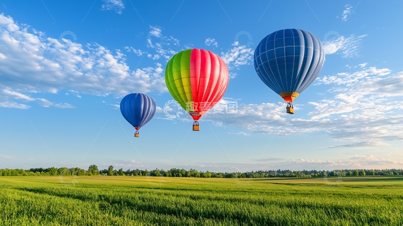 高清大图下载【趣麦麦图】热气球在蓝天白云下飞翔