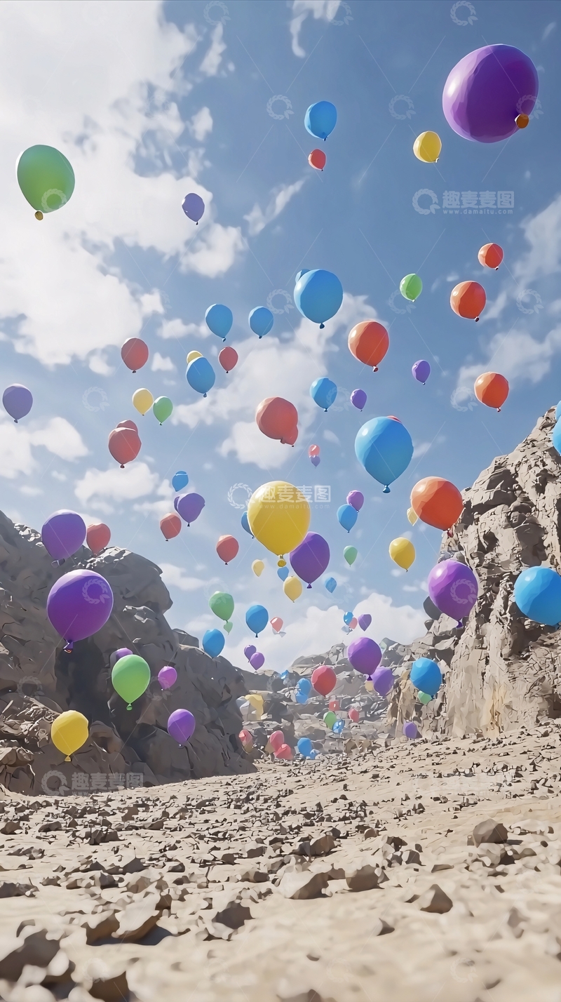 高清大图下载【趣麦麦图】彩色气球峡谷飞翔