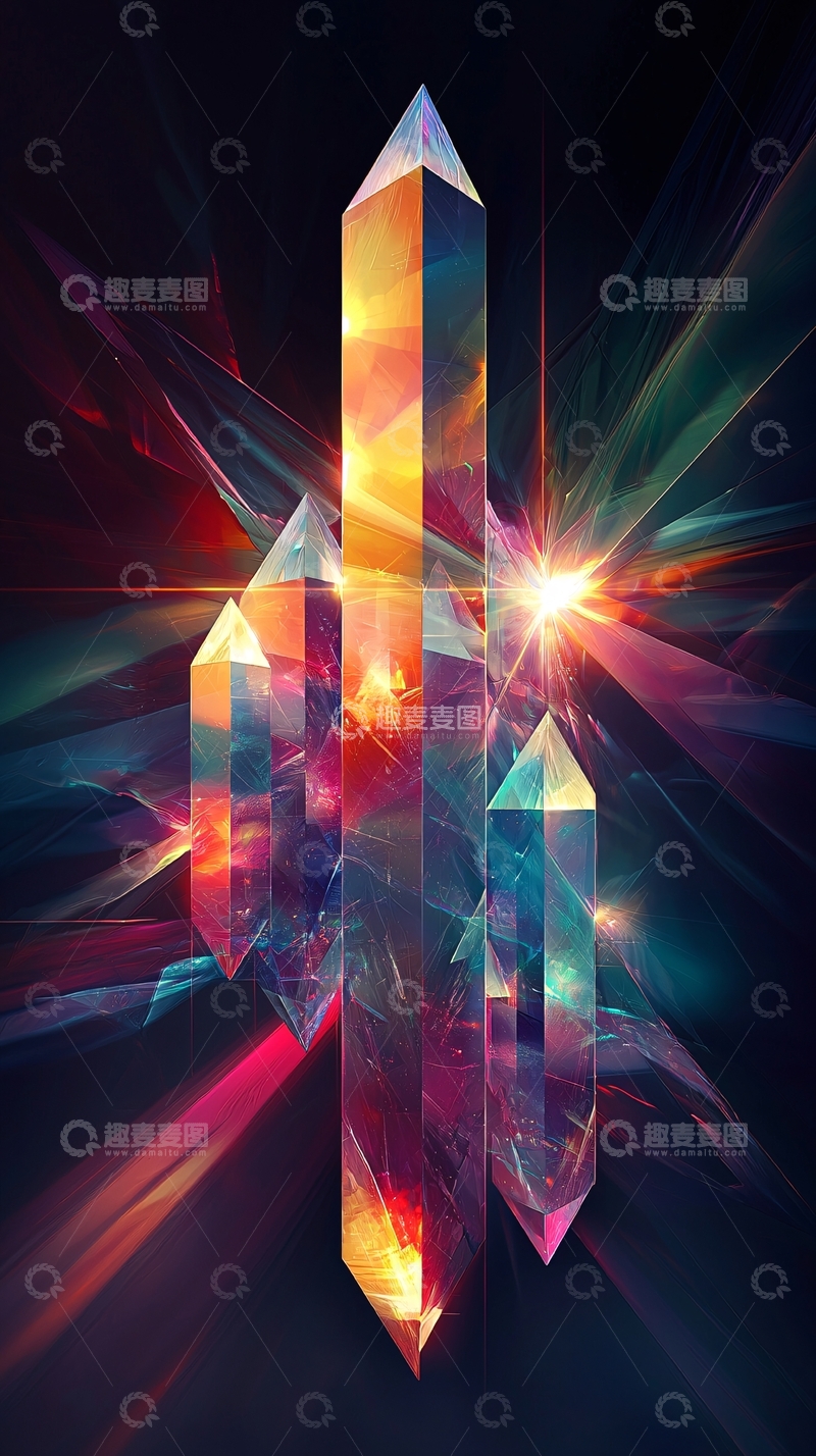 高清大图下载【趣麦麦图】彩色光芒环绕的水晶簇