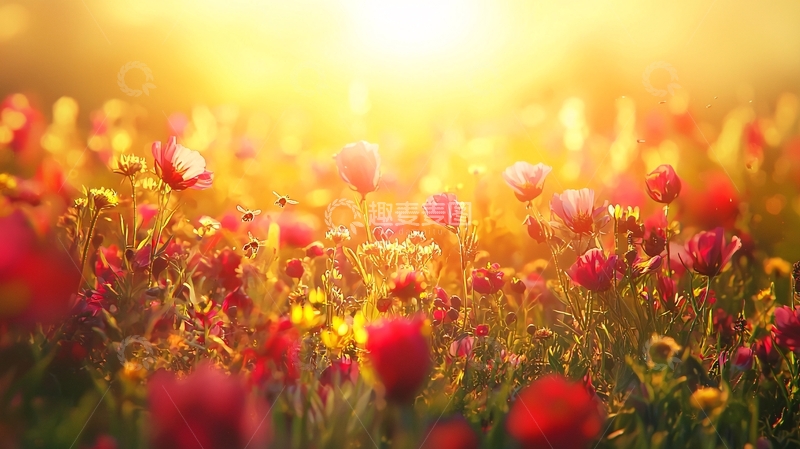 高清大图下载【趣麦麦图】阳光下盛开的红色花田