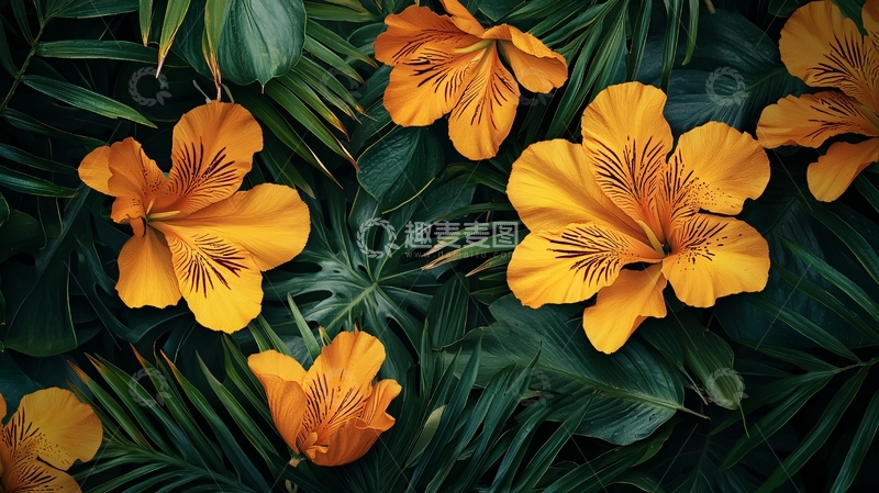 高清大图下载【趣麦麦图】热带黄花绿叶背景