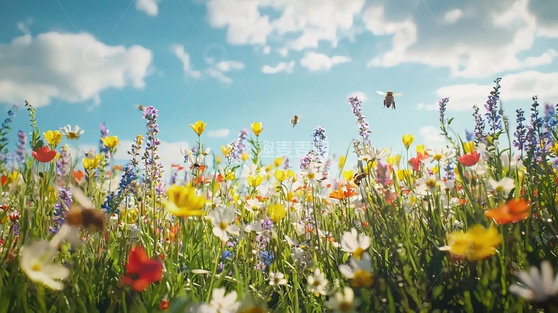 高清大图下载【趣麦麦图】蓝天白云下五彩缤纷的野花