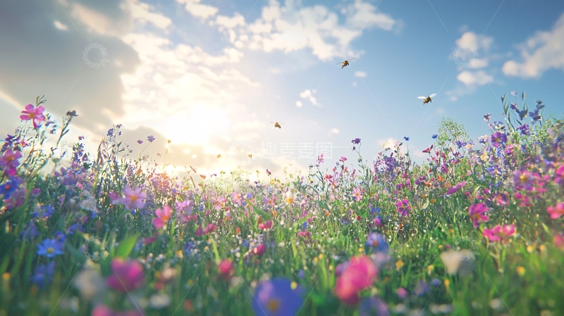 高清大图下载【趣麦麦图】阳光下五彩缤纷的野花田