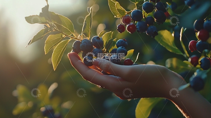 高清大图下载【趣麦麦图】阳光下采摘蓝莓