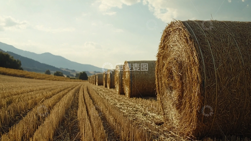 高清大图下载【趣麦麦图】金色麦田里的圆形干草捆