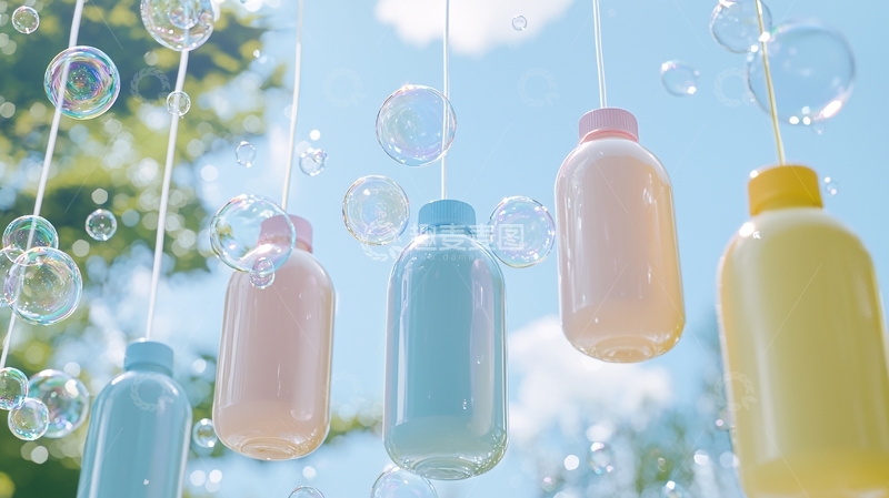 高清大图下载【趣麦麦图】阳光下悬挂的彩色塑料瓶