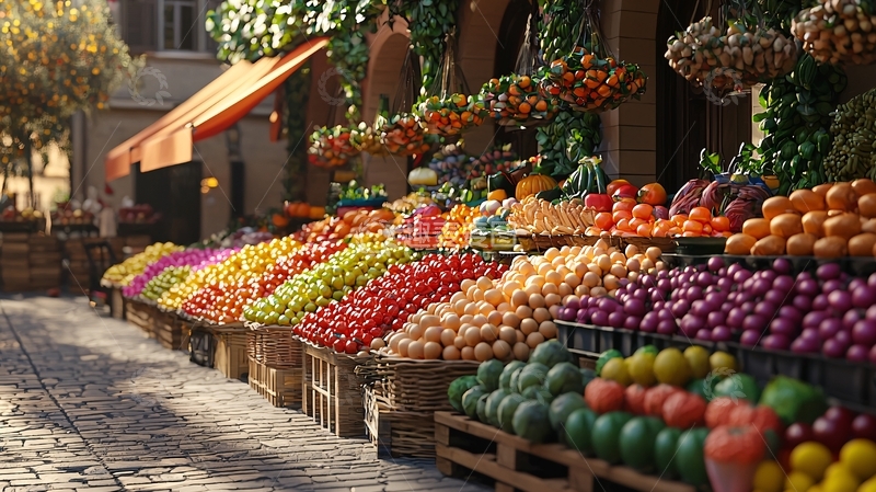 高清大图下载【趣麦麦图】阳光下琳琅满目的水果蔬菜