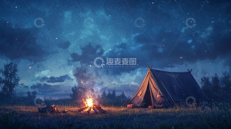 高清大图下载【趣麦麦图】星空下篝火旁的帐篷