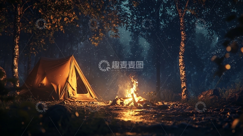 高清大图下载【趣麦麦图】夜幕森林营地篝火