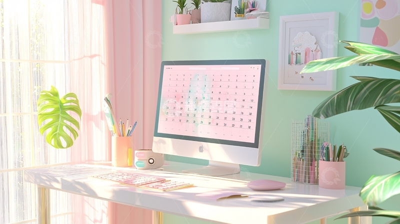 高清大图下载【趣麦麦图】粉色系少女风电脑桌