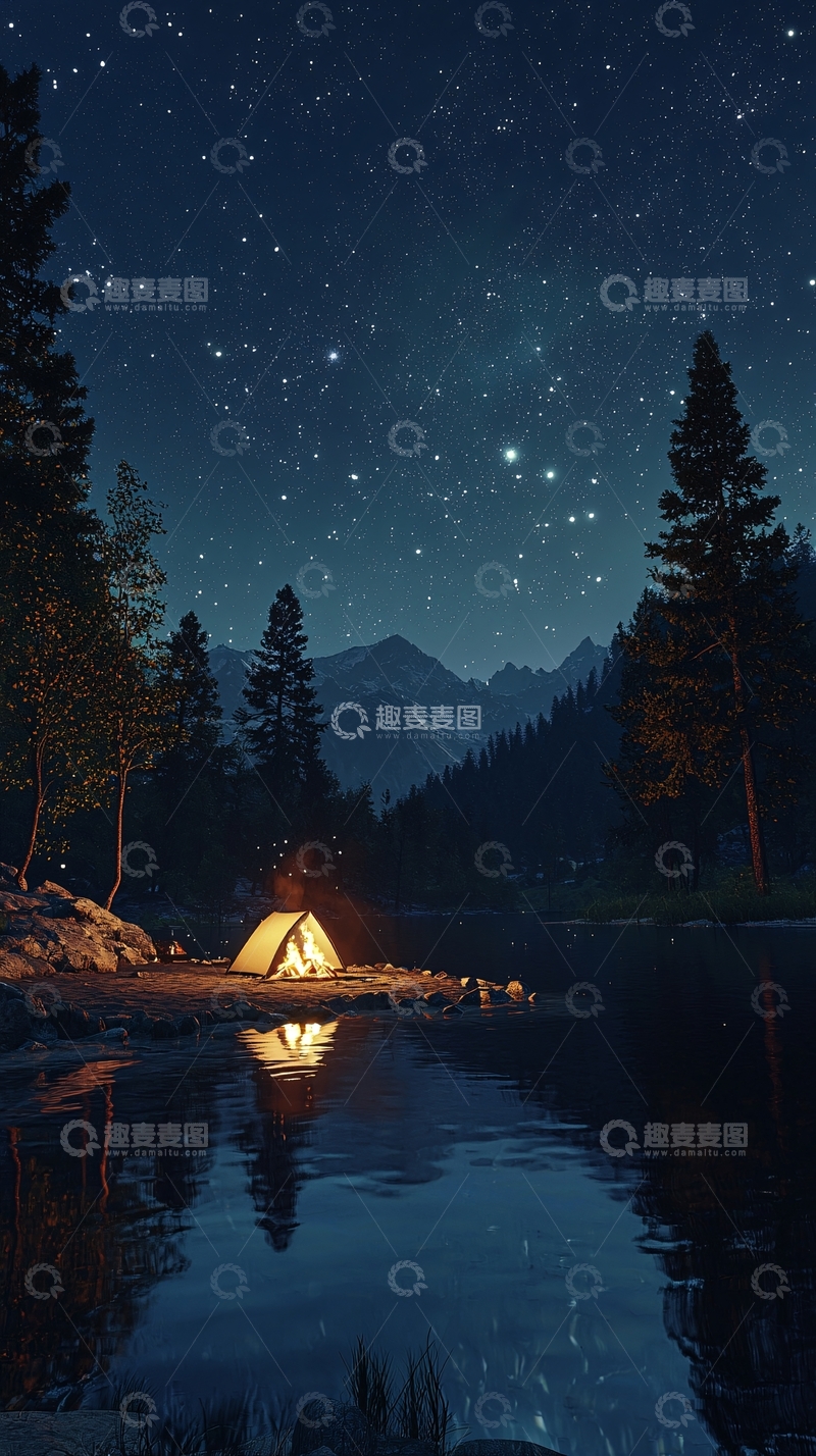 高清大图下载【趣麦麦图】星空下湖边营地