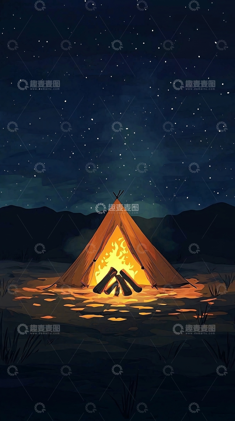 高清大图下载【趣麦麦图】星空下篝火帐篷