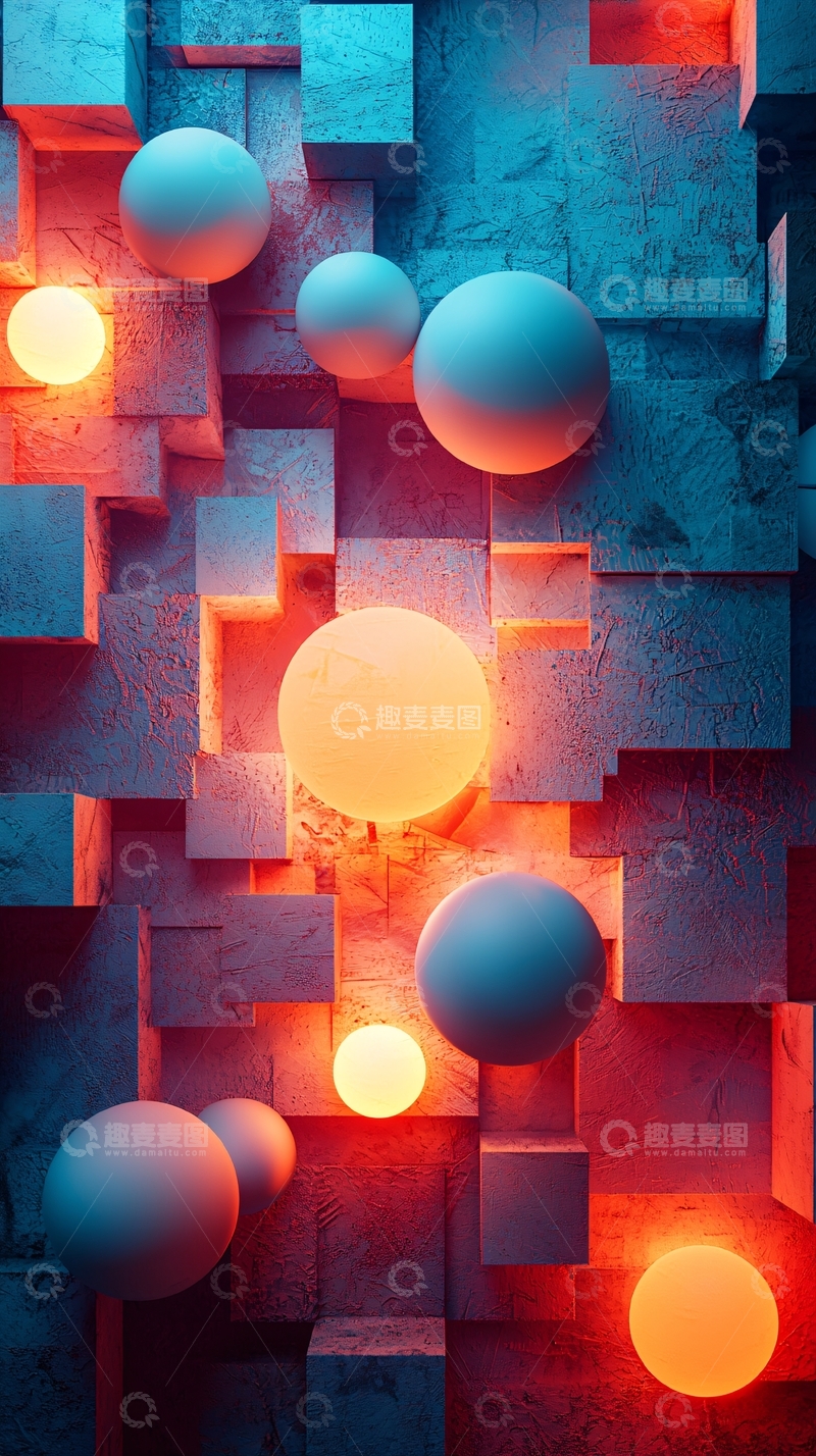 高清大图下载【趣麦麦图】发光球体与几何方块
