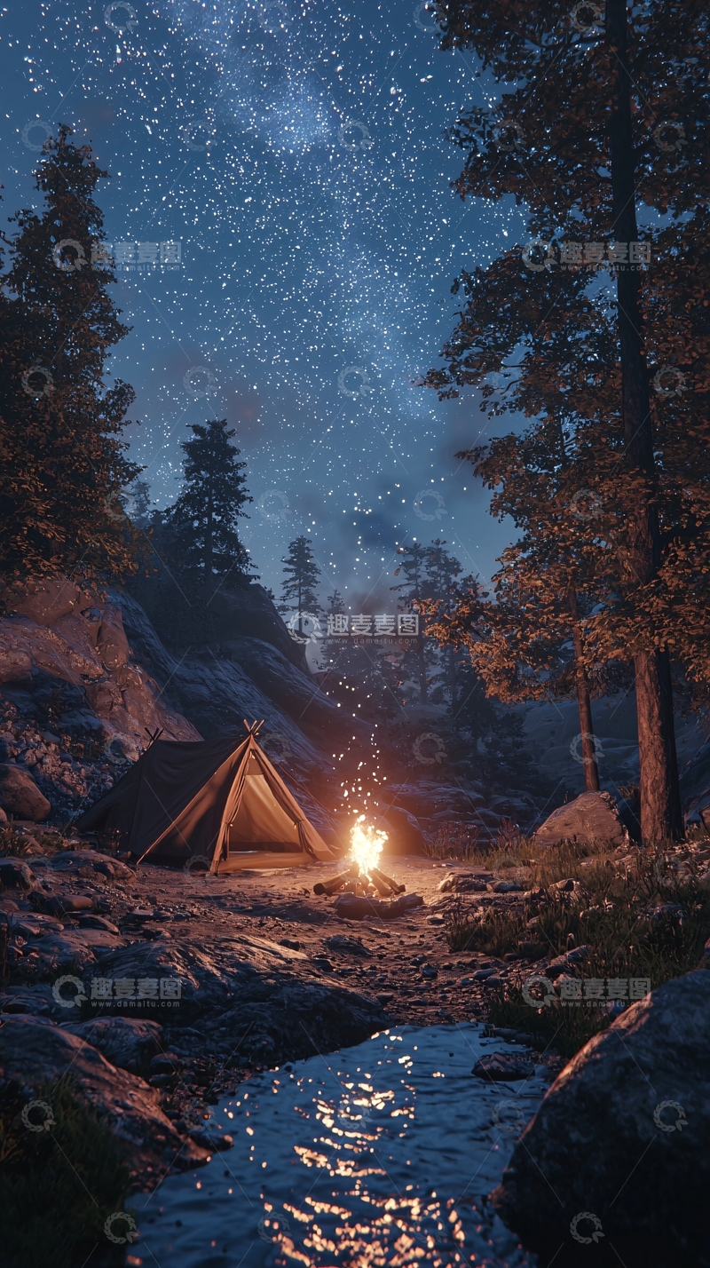 高清大图下载【趣麦麦图】星空下营地篝火