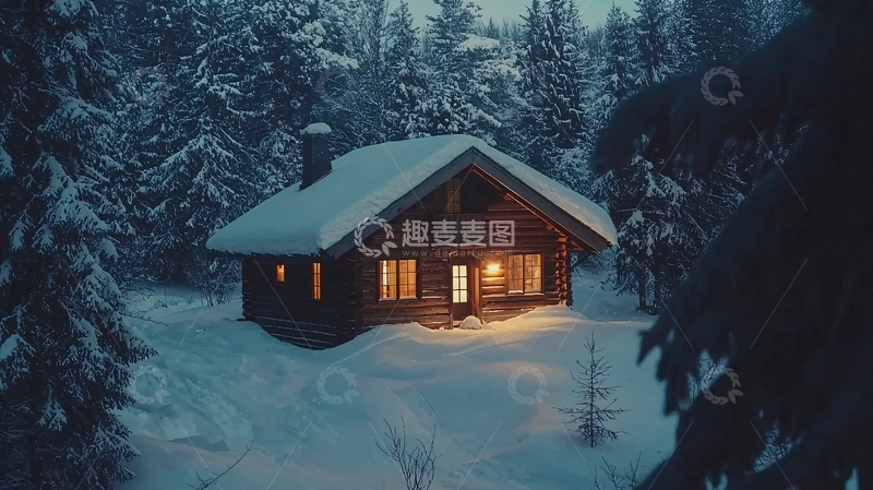 高清大图下载【趣麦麦图】雪夜森林小屋