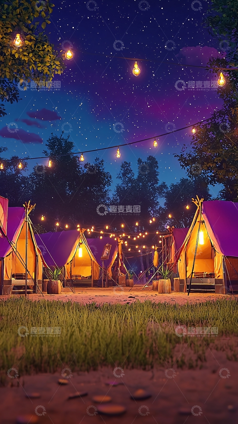 高清大图下载【趣麦麦图】星空下紫色帐篷营地