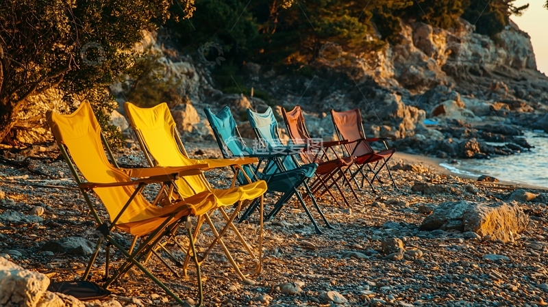 高清大图下载【趣麦麦图】海滩上的彩色折叠椅