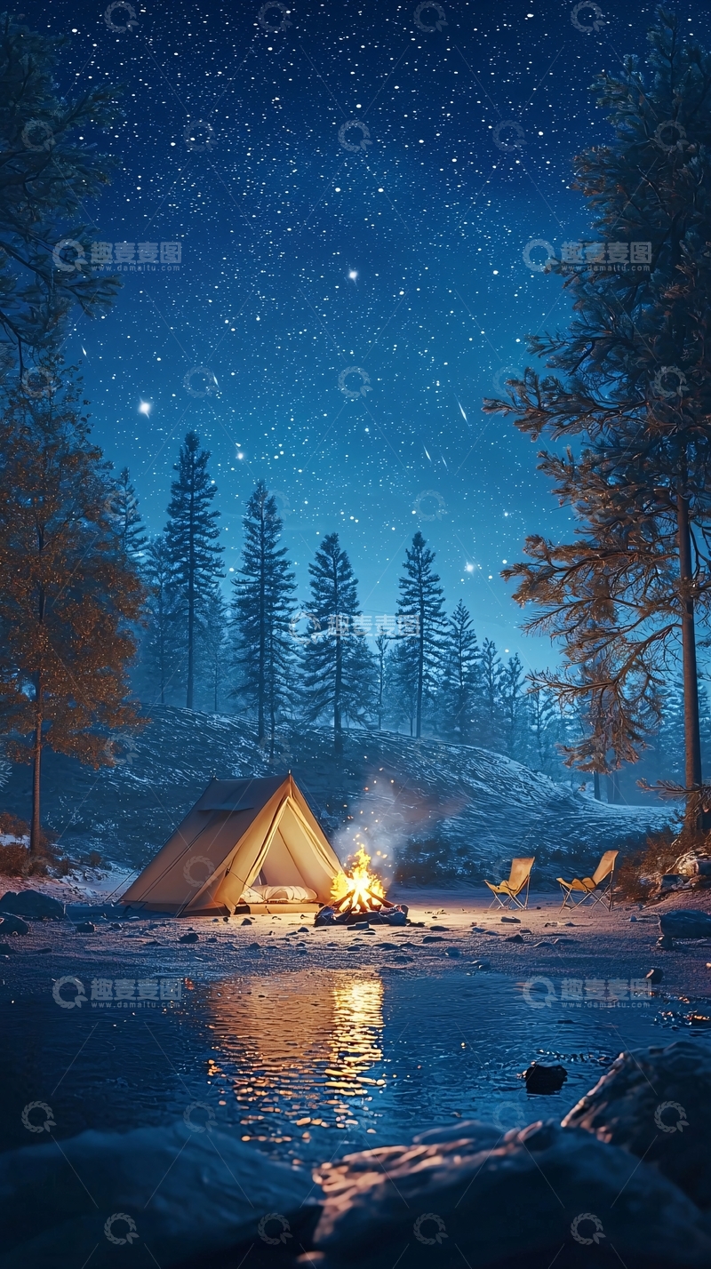 高清大图下载【趣麦麦图】星空下河边篝火营地