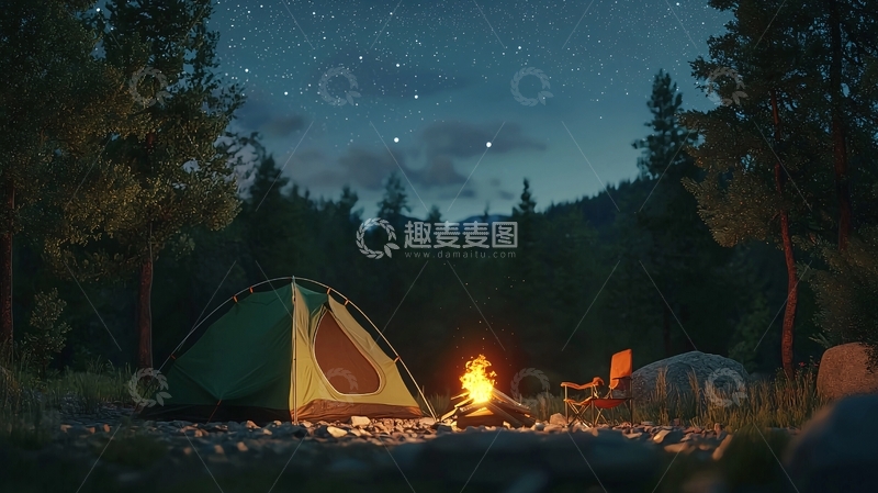高清大图下载【趣麦麦图】星空下篝火旁的帐篷