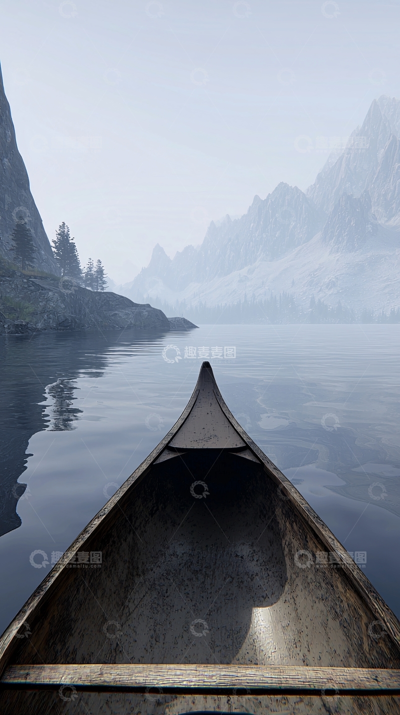 高清大图下载【趣麦麦图】雾气笼罩下的峡湾独木舟