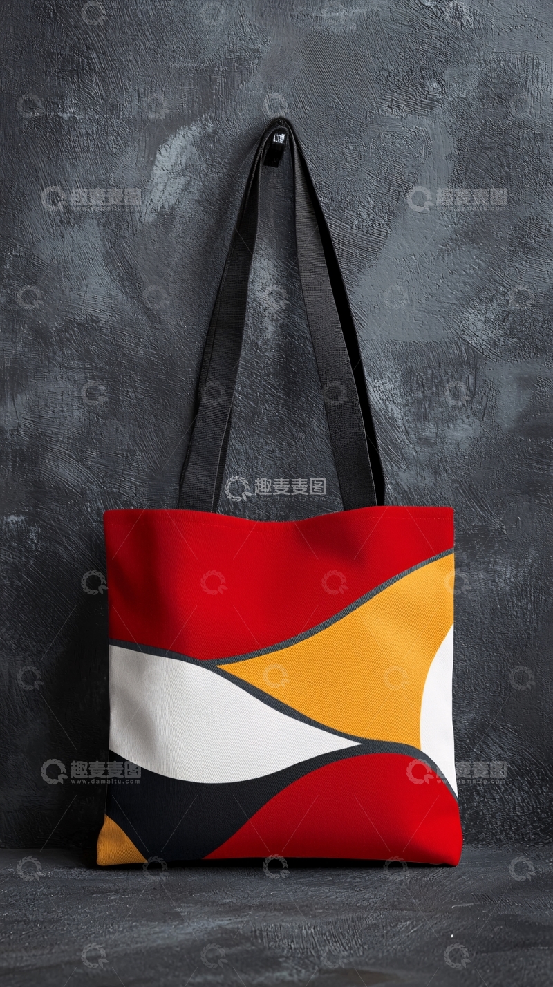 高清大图下载【趣麦麦图】-红黑黄白抽象图案托特包