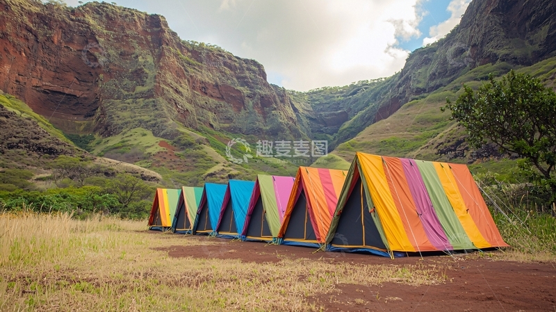 高清大图下载【趣麦麦图】峡谷中彩虹帐篷营地