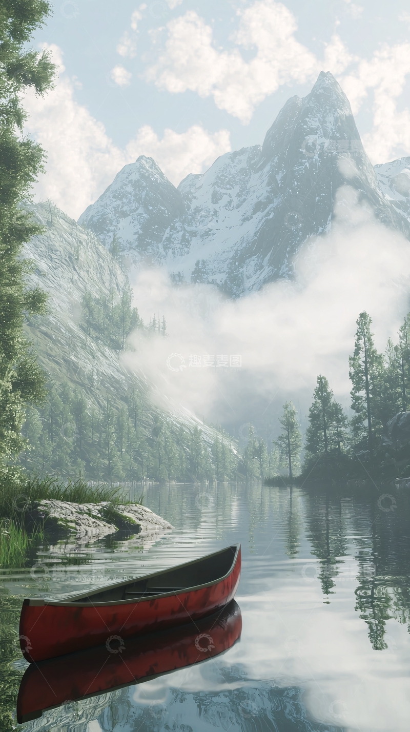 高清大图下载【趣麦麦图】雾气缭绕的雪山湖泊
