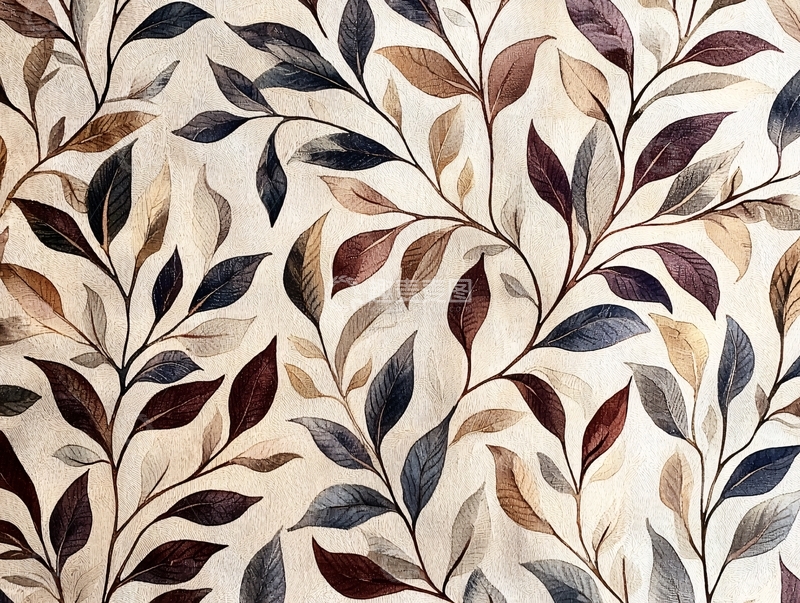 高清大图下载【趣麦麦图】米色背景深色树叶印花布料