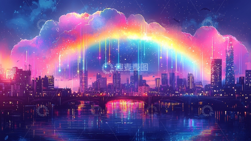 高清大图下载【趣麦麦图】霓虹城市彩虹夜景