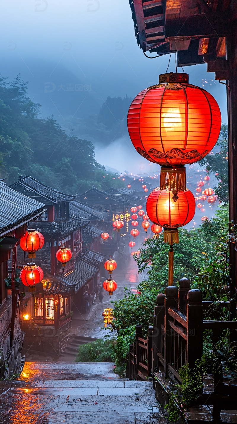 高清大图下载【趣麦麦图】中国古镇红灯笼雨夜