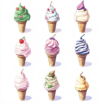 九种口味冰淇淋甜筒